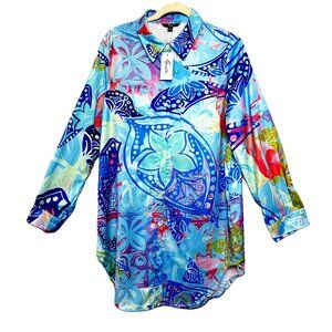 Blue Floral Turtle Long Tunic Loose Button Front Shirt Shall We Sz XL NWT